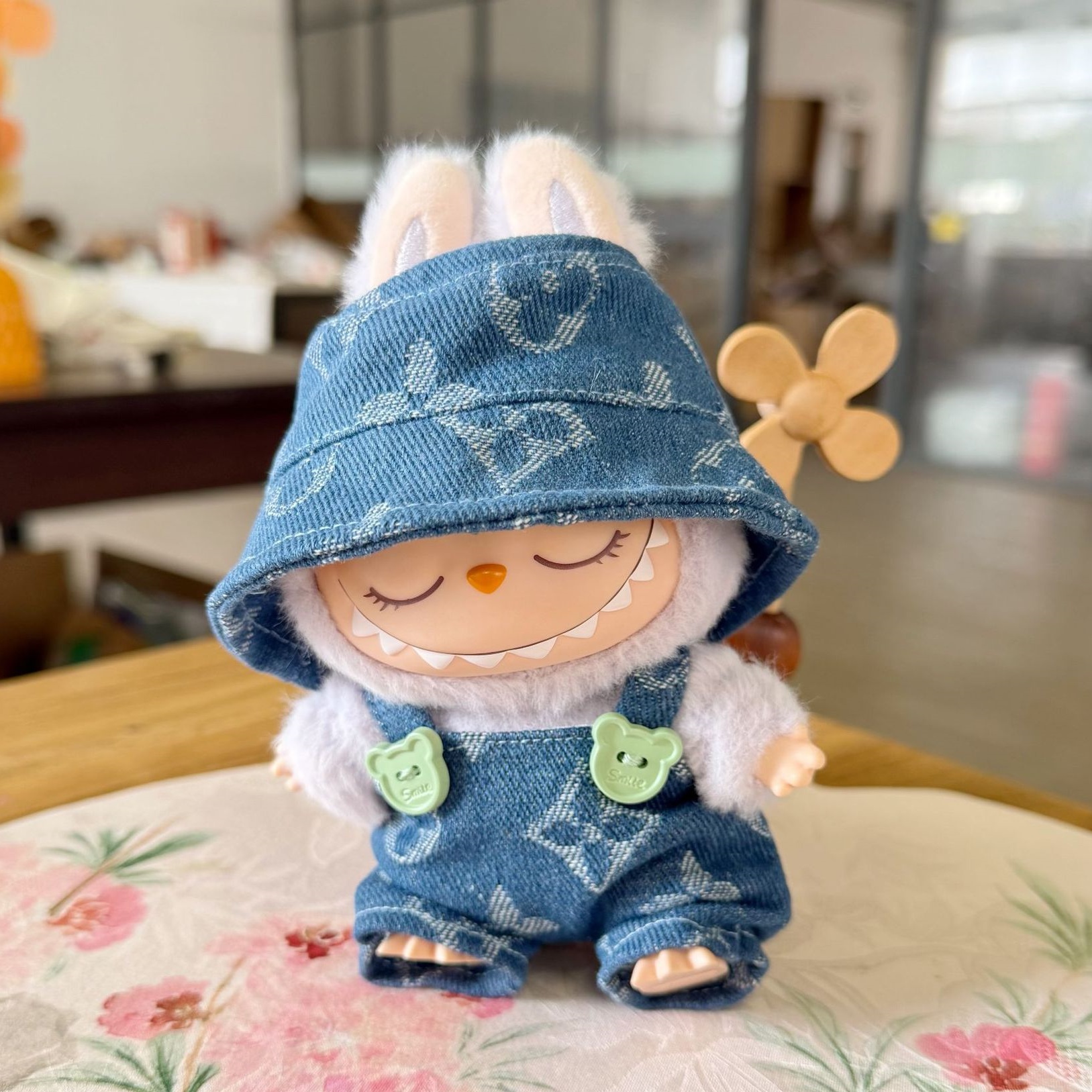 Labubu Denim Outfit – Handmade Blue Overalls & Bucket Hat Set for 17CM/6.7IN Dolls
