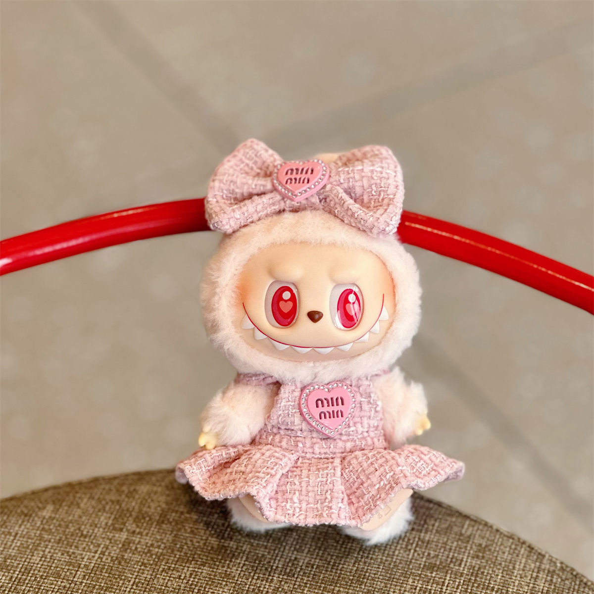 Labubu Pink Dress Outfit Set – Handmade Clothes with Bow Headpiece for 17CM Dolls